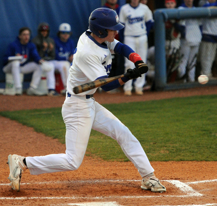 Ryan Meglis makes solid contact for the Rockets in the second inning.