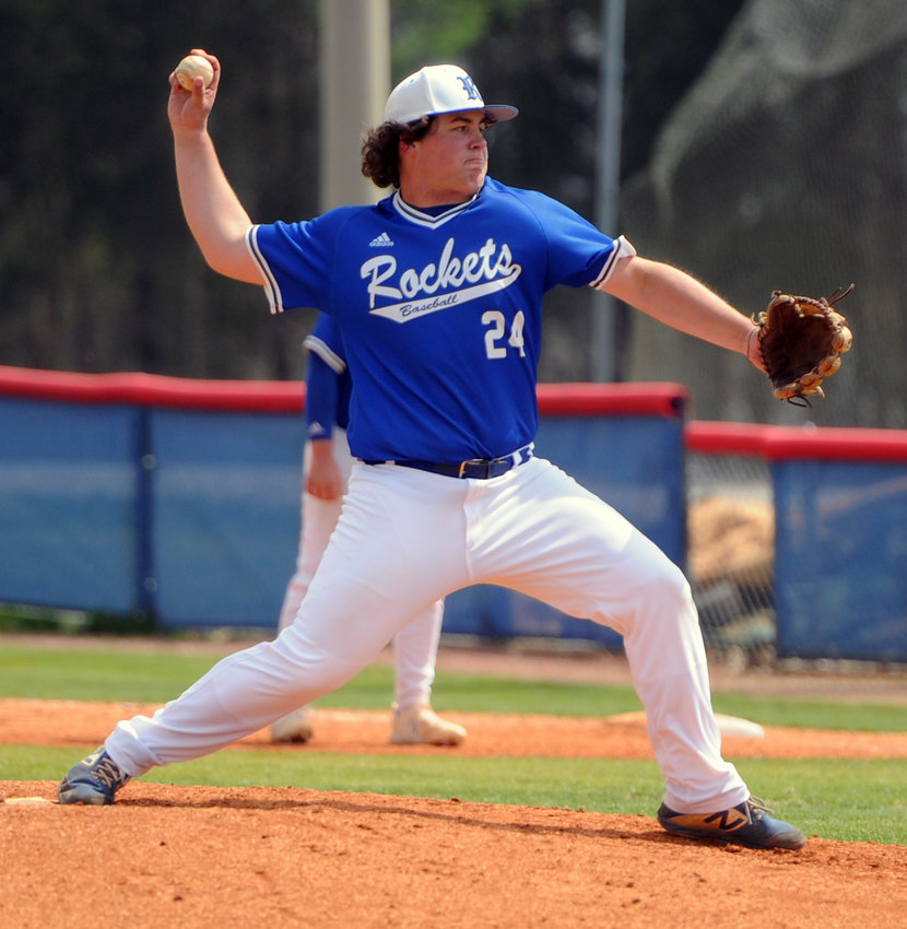 Kason Fuller delivers a pitch against Alexandria-Monroe on Friday afternoon in the Viking Classic.
