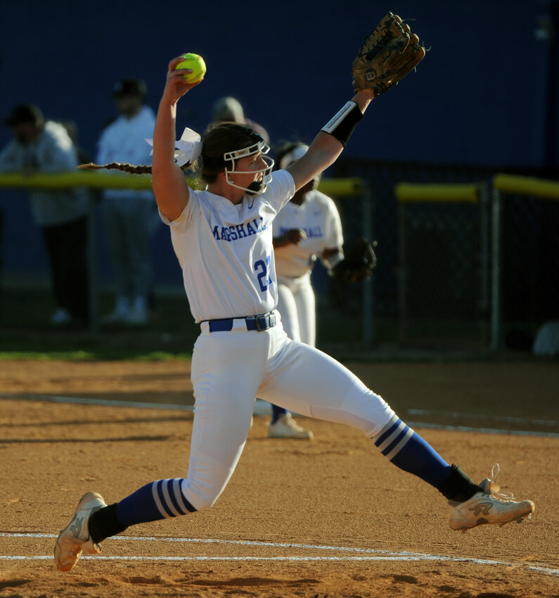 Haylee Hobby entered the game in the first inning and delivers a strike.