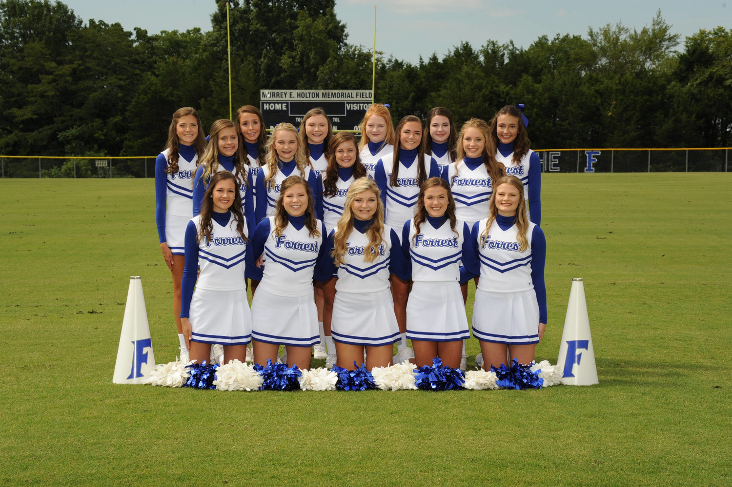 The 2020 Forrest Cheerleaders front row from left are, Anna Welch, Kinley Harber, Claire Gillespie, Berkley Allen, and Erin Wilson. Middle row from left are, Ellie Lancaster, Aspen Grubbs, Adi Stuard, Alysa Ray, and Bailey Connor. Back row from left are, Mary Grace Stacey, Sydney G. Ross, Sydney T. Ross, Paeton Cook, Kyla Bailey, and Sarah Armstrong.