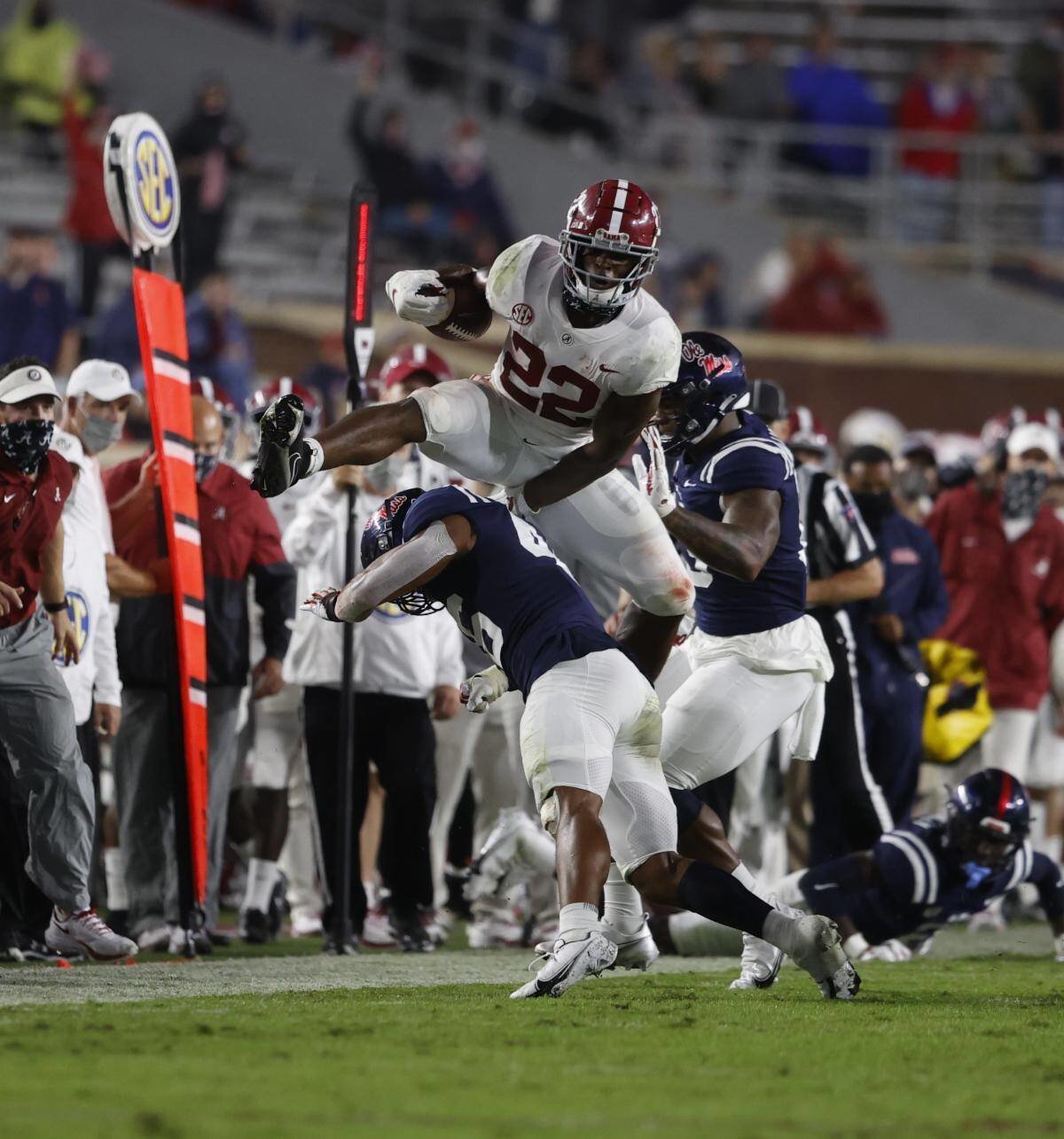 Senior running back Najee Harris- RB – Alabama gashed the Rebel defense for 206 yards rushing and five touchdowns on 23 carries.