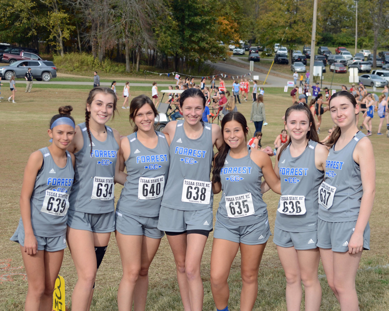 The Forrest girls from left, Jaedyn Stalnecker, Marysa Edde, Hannah Villazon, Amber Sanchez, Saryna Kurtz, Justina Mosley, and Micah Reasonover finished in 10th place at the TSSAA Cross Country Championships Thursday at Hendersonville.