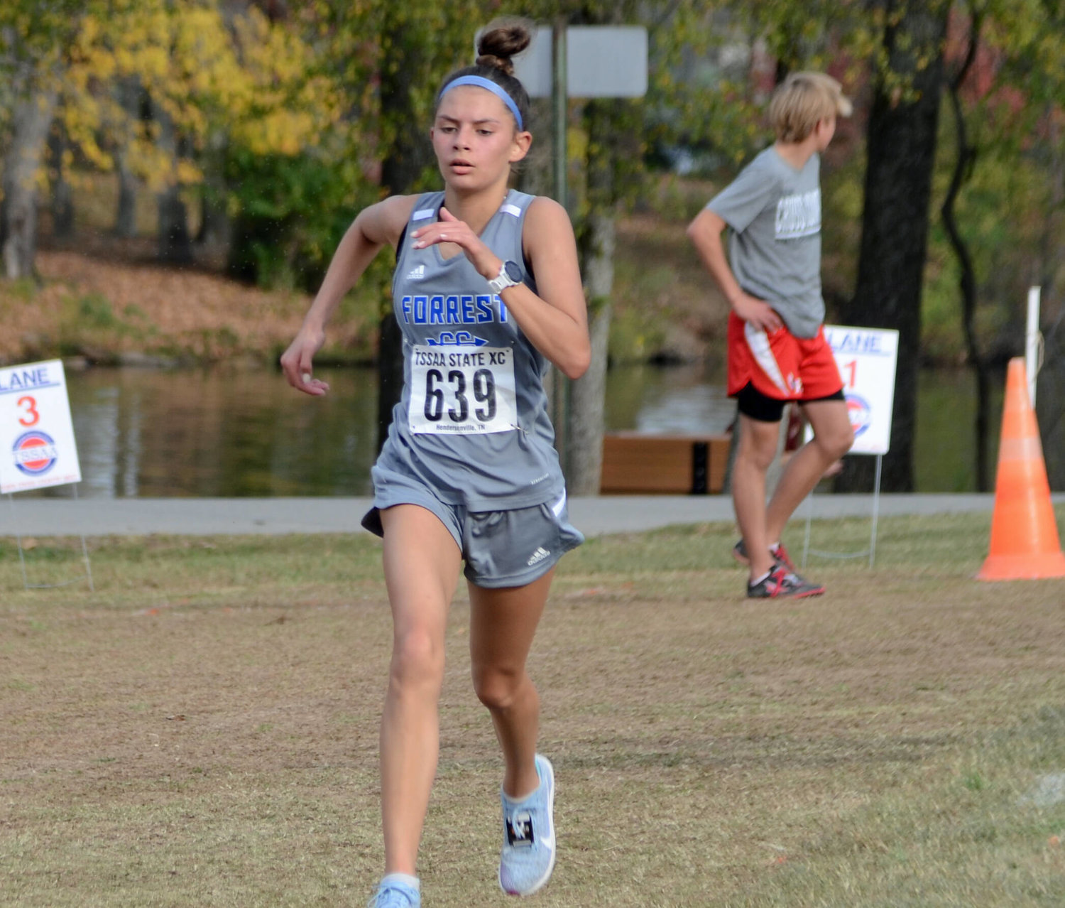 Forrest sophomore Jaedyn Stalnecker kicks to the finish at the TSSAA State Cross Country Championships where she finished in third place.