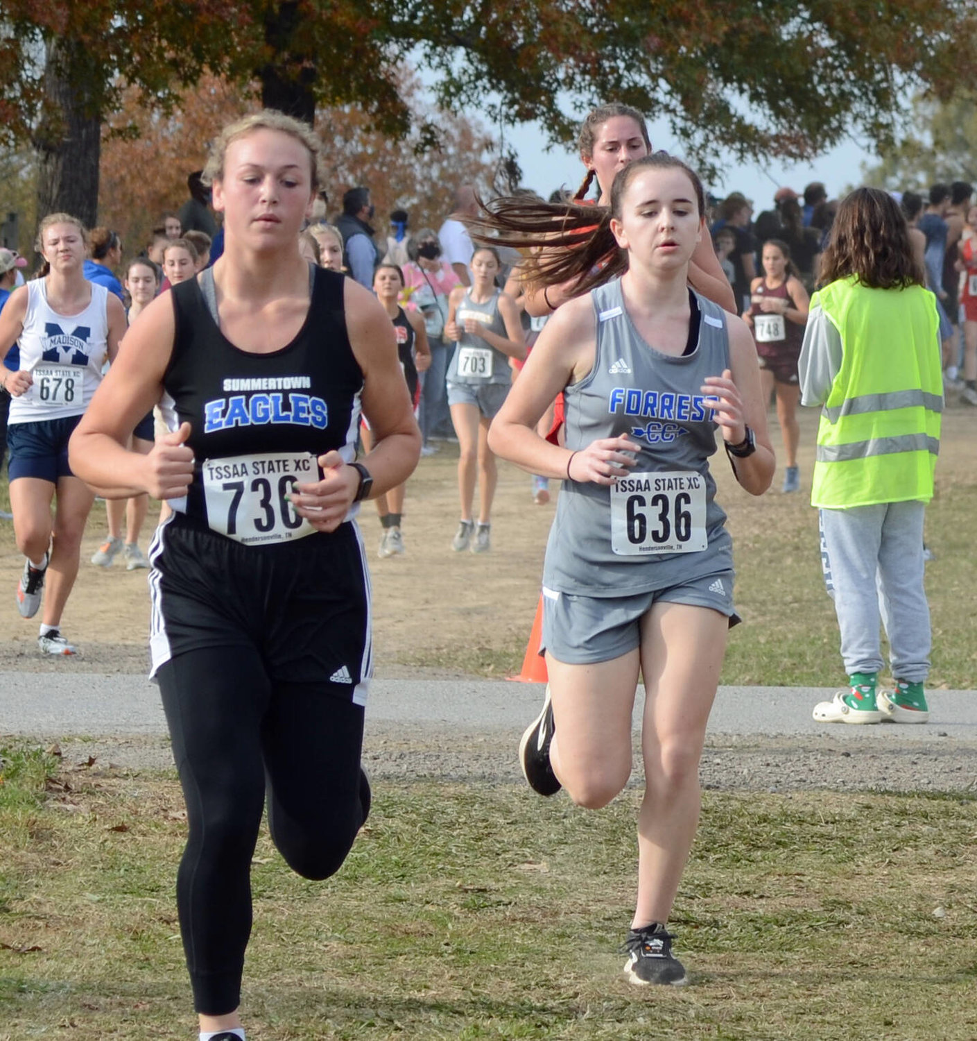 Forrest junior Justina Mosley (right) finished in 30th place at the TSSAA State Cross Country Championships in Hendersonville on Thursday.