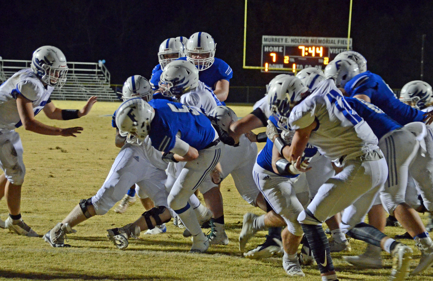 Forrest senior quarterback Max Kirby (5) bashes through the wall for a touchdown in the second quarter in the Rockets’ big 28-7 win over East Hickman in the first round of the TSSAA Class 2A playoffs at the Murrey E. Holton Memorial Field in Chapel Hill Friday night.