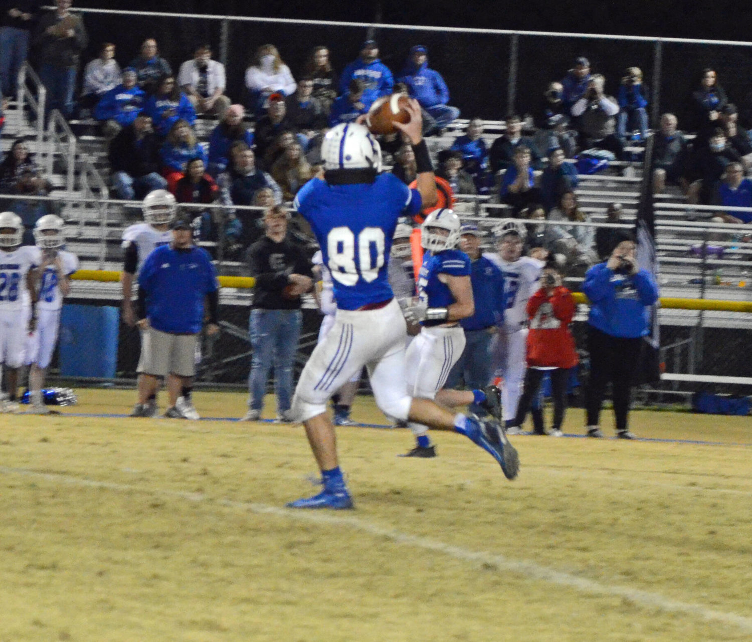 Junior wide receiver McCalister Wilson (80) makes the catch on a pass from Max Kirby before outrunning the East Hickman secondary for a 54-yard touchdown to put Forrest up 28-0 in the third quarter.
