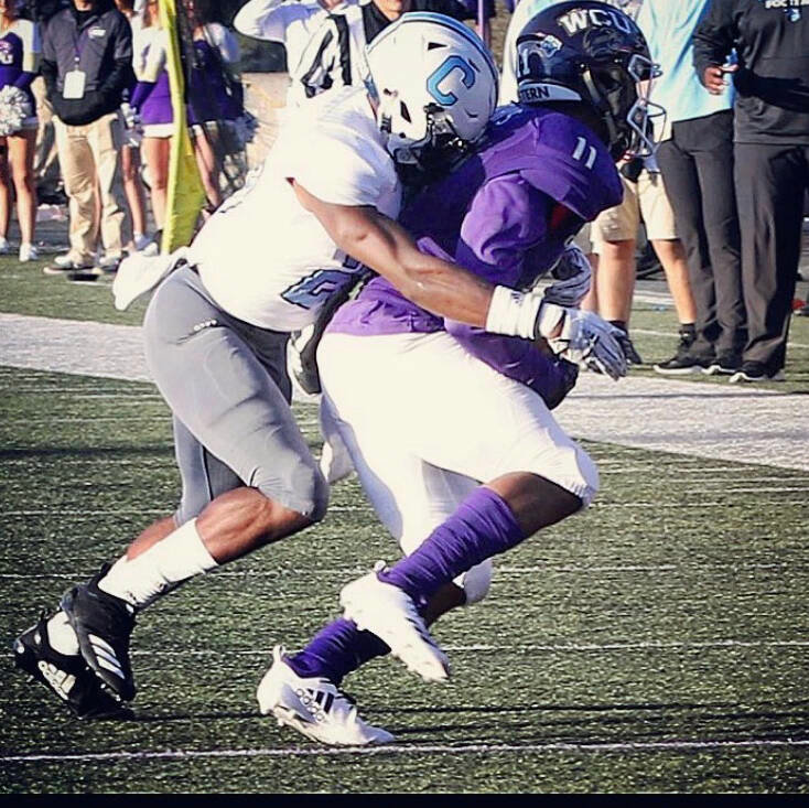 The Citadel’s starting cornerback Jay Howard makes a tackle on Western Carolina receiver Jaylin Young (11) in last year’s 35-17 win over the Catamounts in which Howard came up with four tackles and an interception.