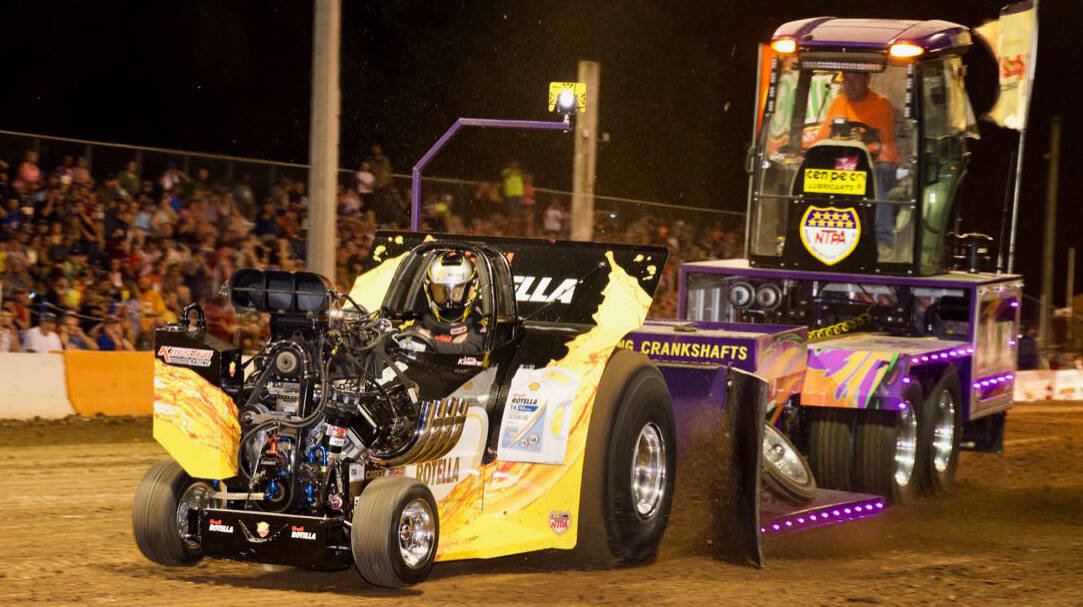 NTPA legend Larry Koester guides his “Footloose” machine down the track at the Lions Club Motor Sports Park for his final run of his 32-year career during Friday night’s session of the 2019 Super Pull of the South in Chapel Hill.