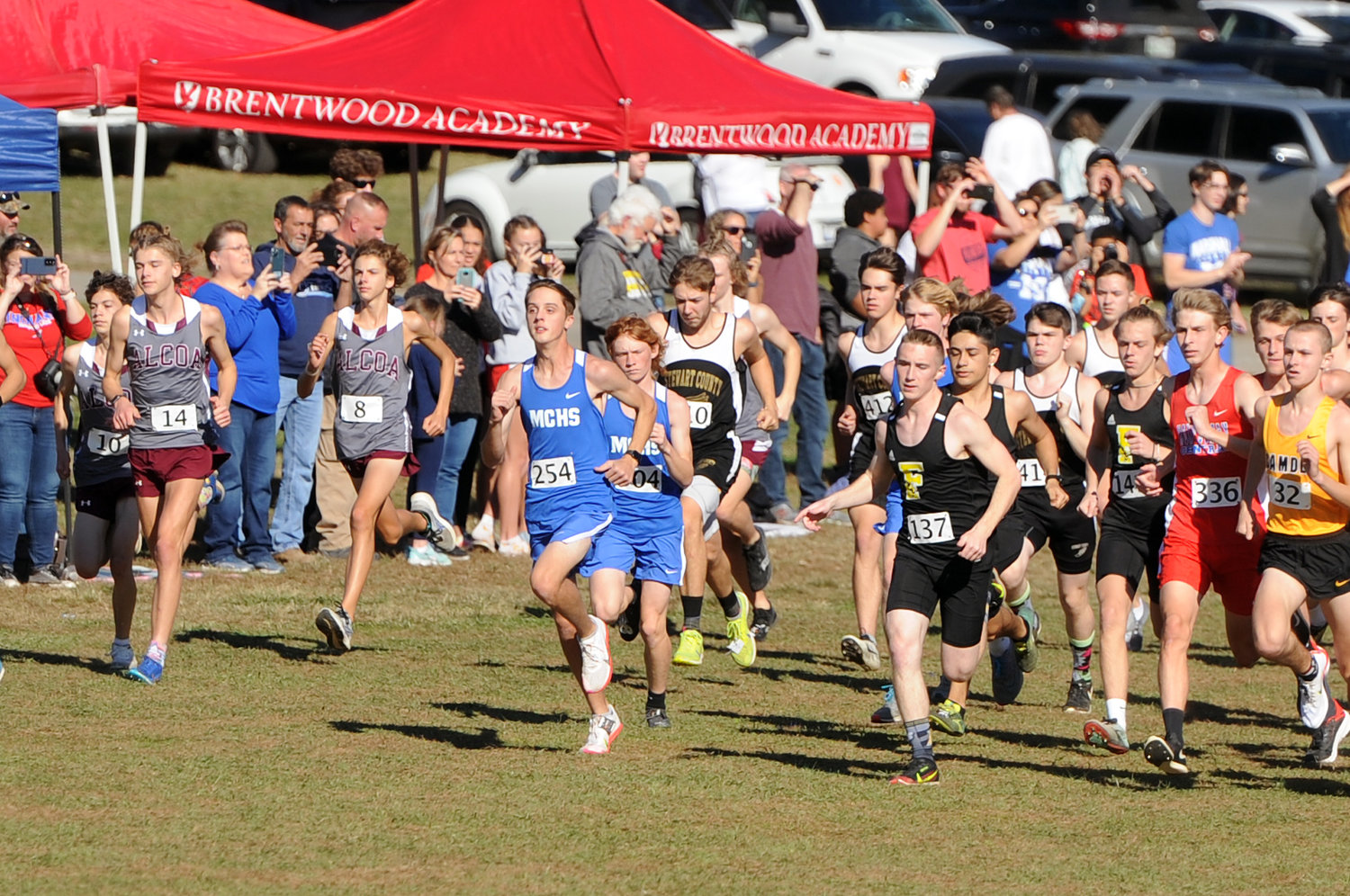 The Marshall County Tigers sprint out to start the race and battle for early position in the Boys Class A-AA race.
