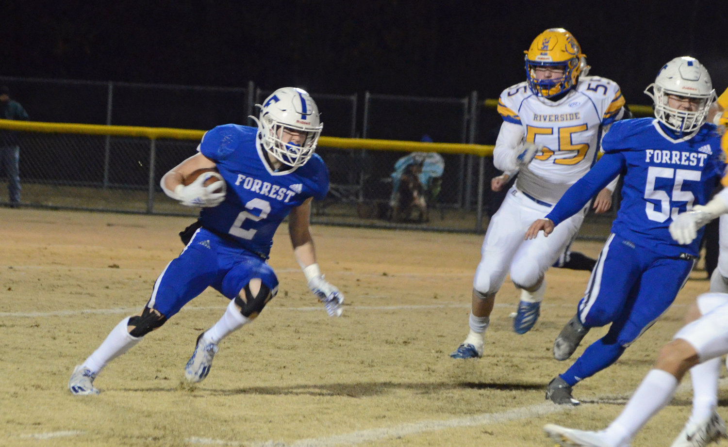 Tayton Swift (2) led the Rockets with 14 carries for 52 yards and their lone touchdown of the game in Forrest’s 15-10 quarterfinal loss to Decatur County Riverside at Chapel Hill Friday night.