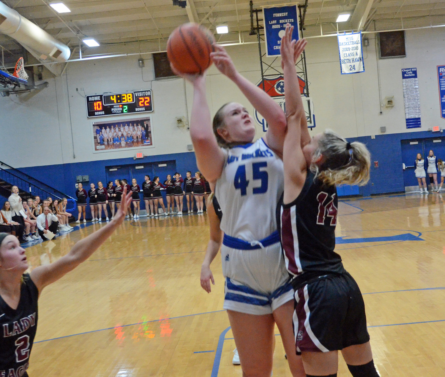 Cadence Chapman (45) knocks down two of her six points in the low post for Forrest.