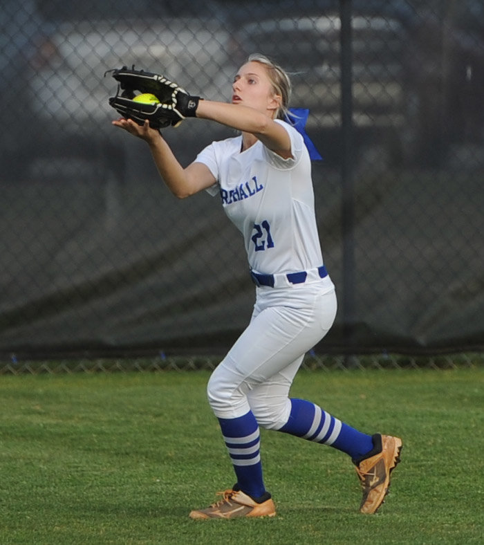 Center fielder Olivia Wooten puts the squeeze on a fly ball.