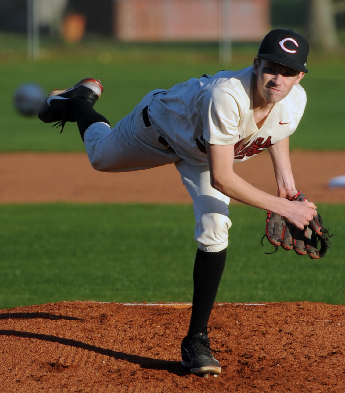 Aaron Gann delivers a pitch for a strike against Moore County on Monday night.
