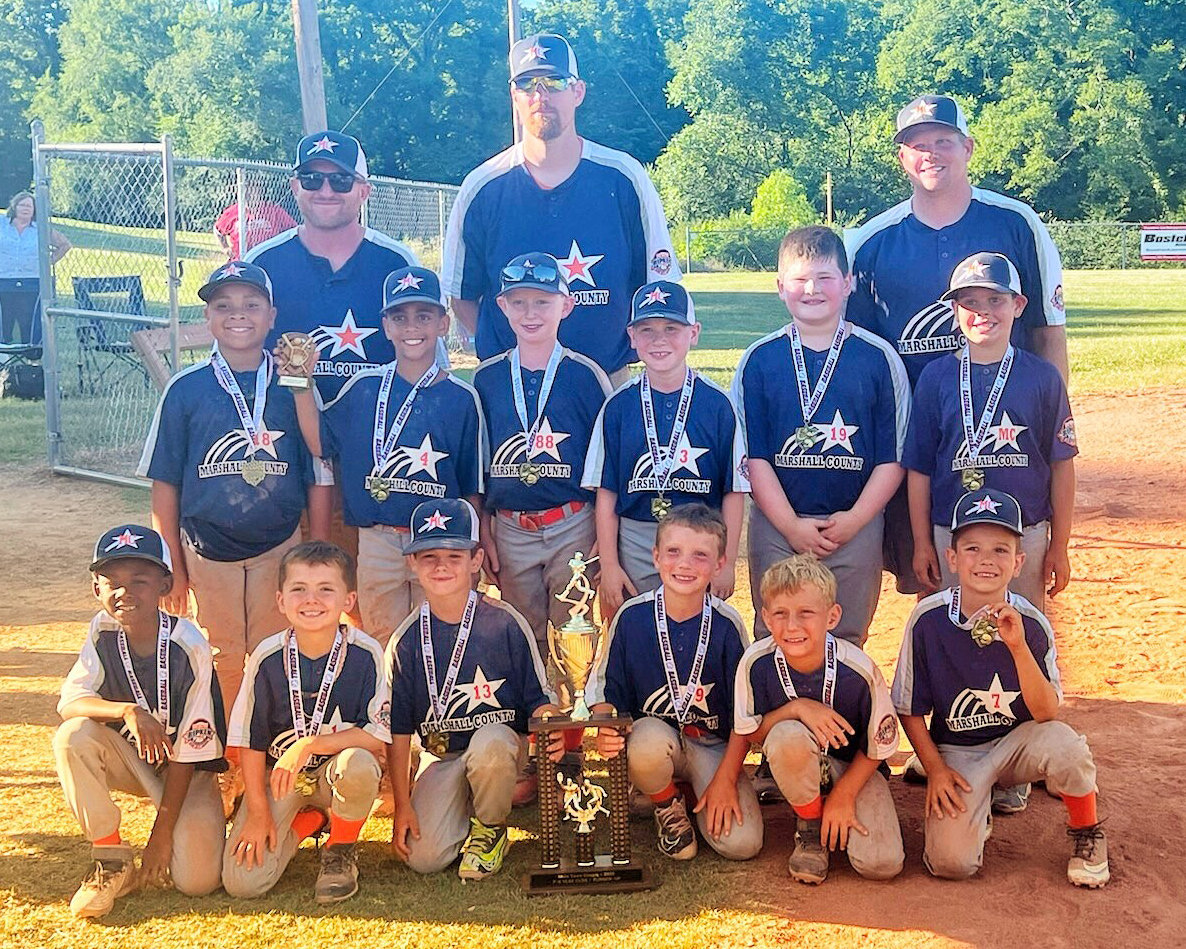 The Marshall County 8-year0old All Stars competed in The MuleTown Classic in Columbia last month and finished second in the tournament.  June 18.
Players who competed are (front row, from left) Kemari Lee, Knox Bowen, Landree Welch, Connor Meeks, Knox Hopkins, Weston King;
(second row, from left): Khamani Duff, Kanin O’Neal, Stratton Smith, Bentley Fisher, Logan Haislip, Isaac Toseland; (third row, from left): Coach Derek Smith, Coach Jacob Hopkins, and Coach Rodney Meeks.