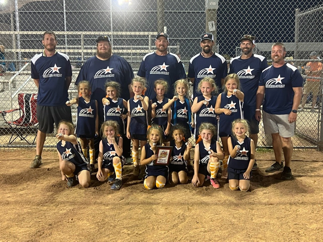The Marshall County 6U softball team recently played in a pair of tournaments, winning the TSFA World Series, which was held in Ringgold, Georgia, where they won the 6U World Series championship.
They also competed in the SUGF Summer state tournament and finished runner-up. 
In two tournaments, the team put together a 9-3-1 overall record.
Competing with the team were (front, from left) McKartie Osborne, Adalynn Henson, Finley Tietgens, Bristol Crawford, Baylann Giles, Elise Piersol; (middle, from left) Amelia Daws, Everleigh Romero, Aspen Pierceall, Blair Brewer, Leah Davis, Hannah McCormick, Lennon Veron; (back, from left) Coaches Tim Pierceall, Zack McCormick, Luke Brewer, Doug Giles, Ryan Tietens and Shane Piersol.