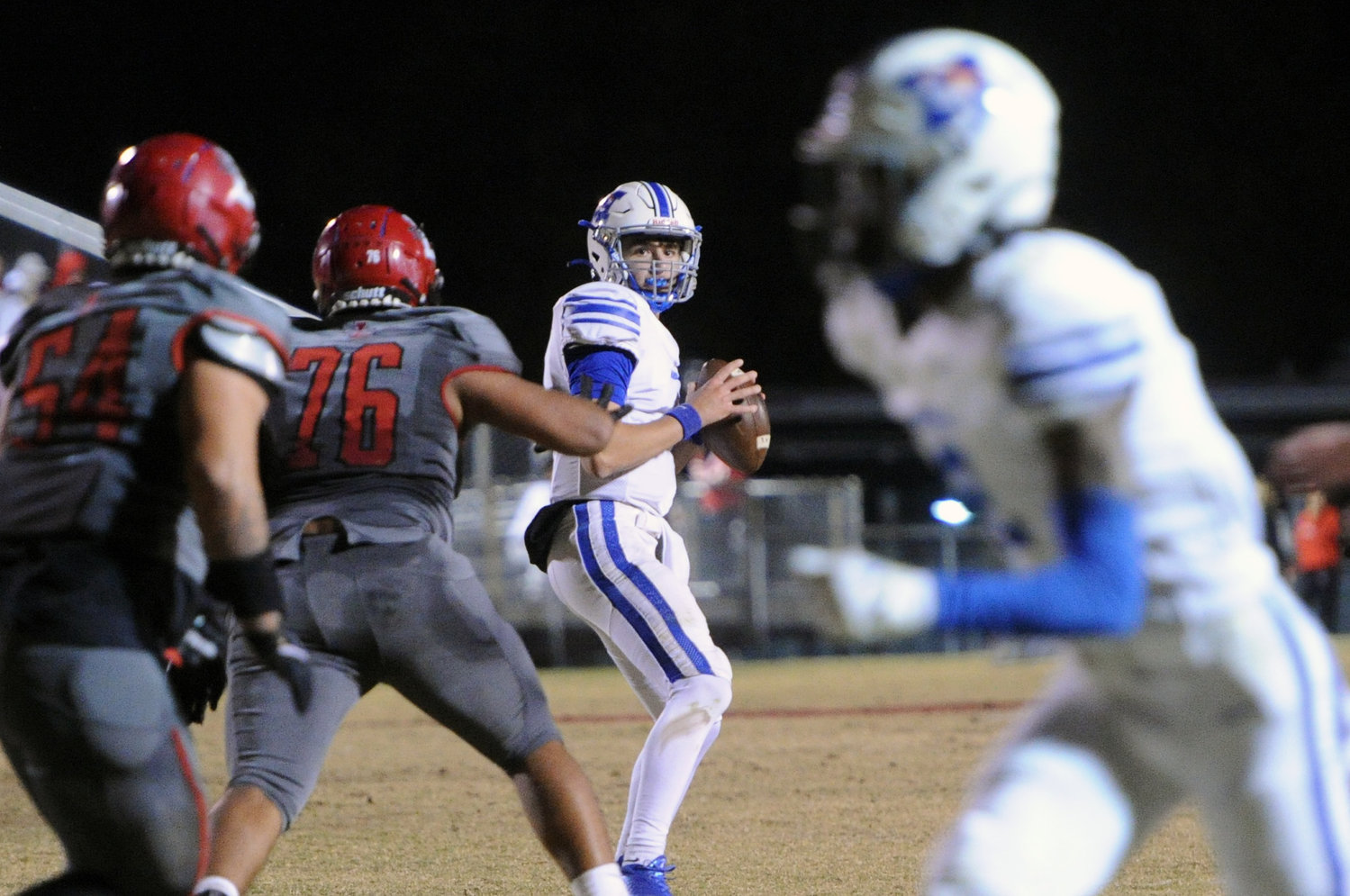 Silas Teat stands tall in the pocket and keeps his eyes downfield.