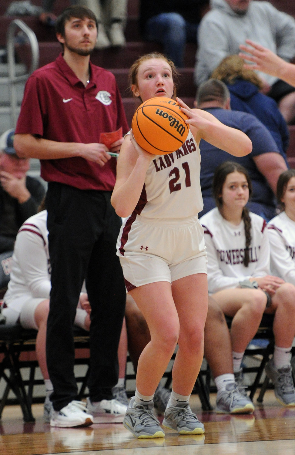 Anna Wood steps back and drills a corner three-pointer in the second half against Huntland on Tuesday night.