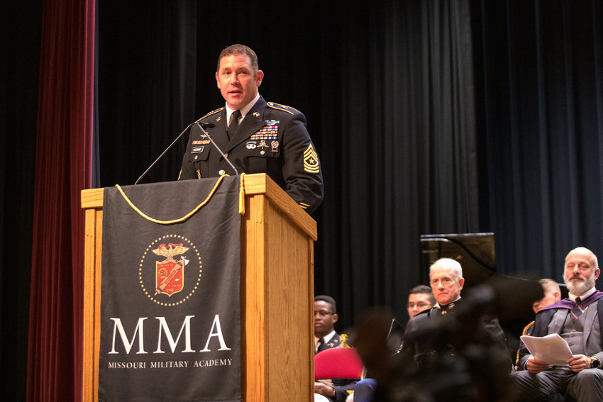 Commencement speaker Sergeant Major Steven McDavid, a decorated U.S. Army Special Forces veteran of the Global War on Terrorism, delivers his keynote speech at MMA's commencement ceremony on May 22. [Submitted photo]