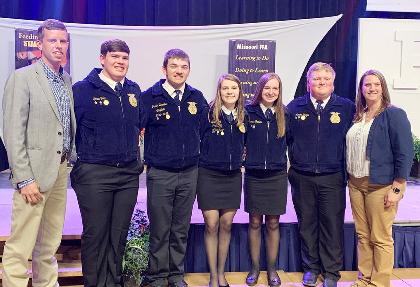 This year's Community R-6 FFA State Degree recipients, from left, are advisor Britton Francis (advisor), recipients, Ethan Fort, Justin Duenke, Emily Hoyt, Cheyenne Becker, Landon Wright; and advisor Stacy French. [Submitted photo]