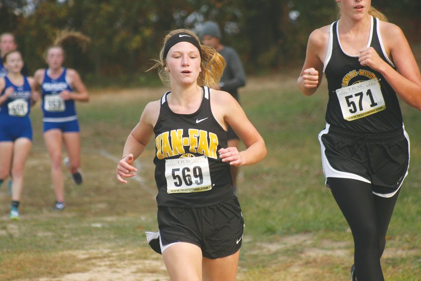 Van-Far sophomore Madelyn Caldwell competes in the first mile of the Eastern Missouri Conference meet on Oct. 17 at Bowling Green. Caldwell finished 30th with a 25:13. [Theo Tate photo]