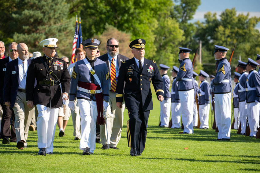 Missouri Military Academy President Brigadier General Richard V. Geraci, USA (Ret) (seen here front, center, leading a review of the corps of cadets during alumni weekend) has received a new 5-year employment contract from the MMA Board of Trustees. [Submitted Photo].