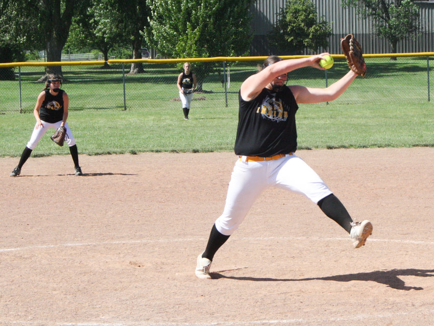 Van-Far's Mara Jensen winds up to throw June 14 against at a scrimmage in Centralia. Jensen will be a key returning hitter for the Lady Indians as well as the leader of their pitching staff.