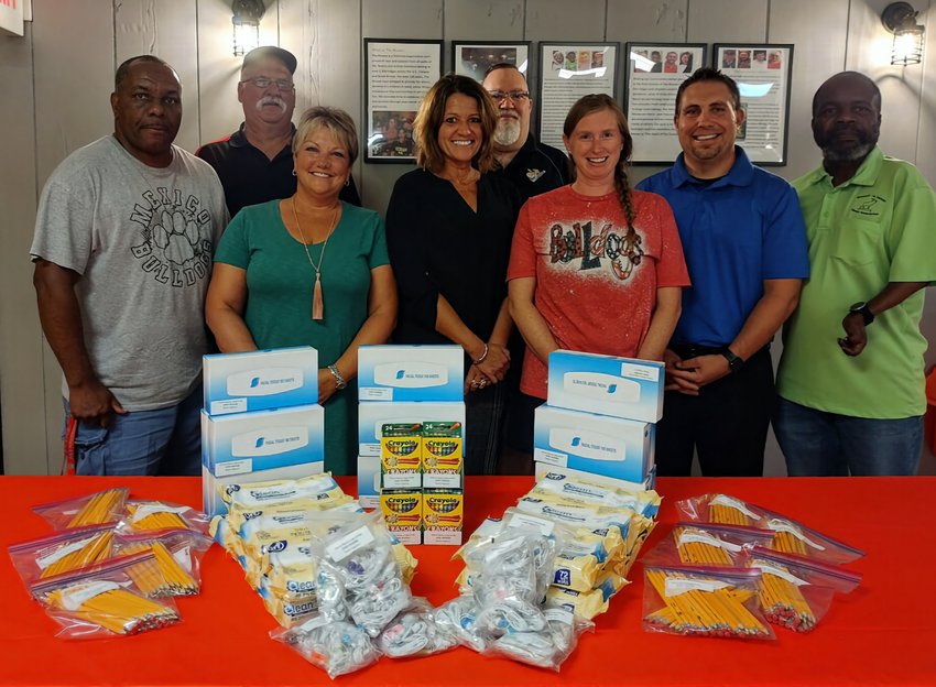 The Mexico Moose Lodge took time out Tuesday to perform a supply drive for area teachers. Front row from left, Daniel Nunnelly of Eugene Field, Casey Echelmeier of McMillan ELC, Dr. Anne Billington of McMillan ELC, Amanda Rowe of Mexico Middle School, Beck Balsamo of Hawthorne Elementary and Patrick Shaw, Administrator of Mexico Moose Lodge. Back row from left, Brad Barnes, Past President of the Mexico Moose Lodge, Kevin Alferman, Activities Committee Chairman for the Mexico Moose Lodge. (Submitted)