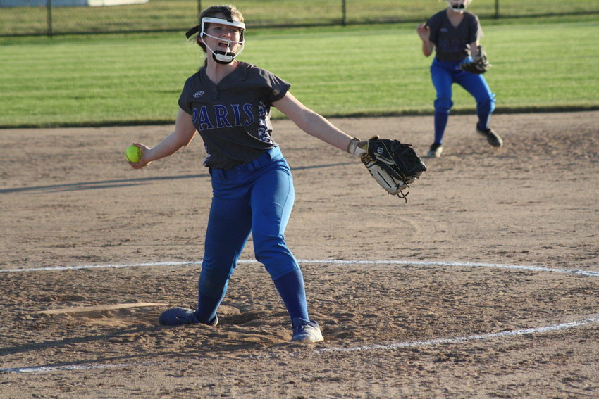 Paris sophomore pitcher Kennedy Ashenfelter hurls a pitch Wednesday against Van-Far in Vandalia. Ashenfelter struck out 13 Lady Indians in the victory.