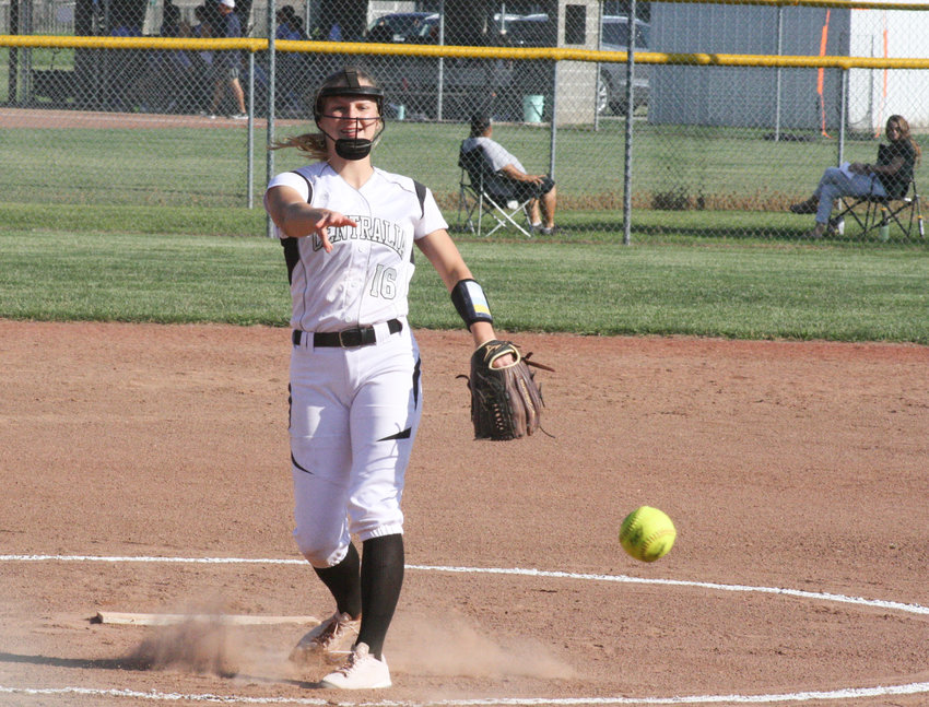 Centralia junior pitcher Kaelyn Walters tosses a pitch in an August jamboree. Walters pitched all 10 innings of a 5-4 win at Moberly.