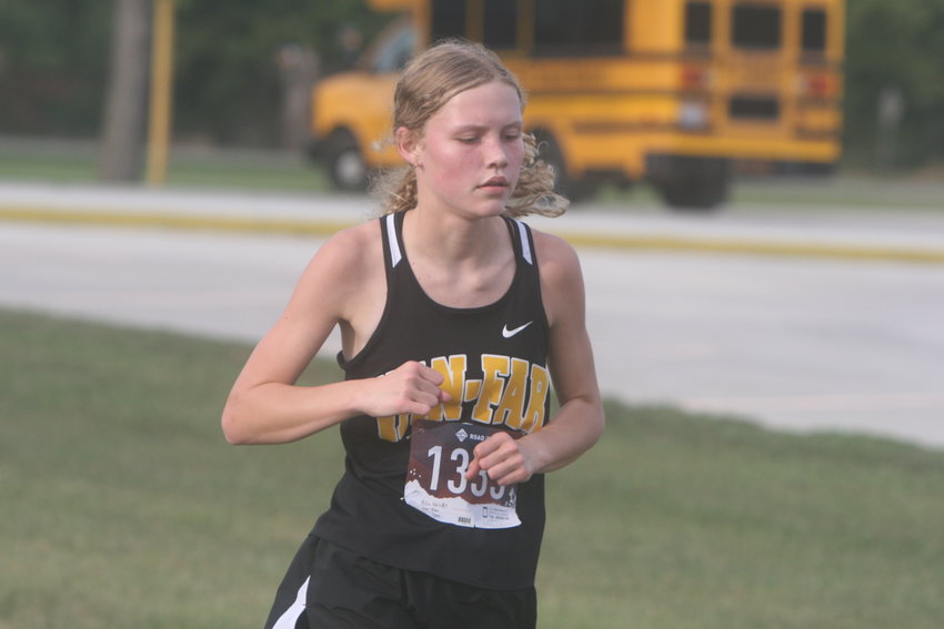Van-Far sophomore Erin Childs competes in the first mile of the girls race at the Van-Far Invitational on Sept. 6. Childs earned a medal by placing eighth with a 26:14.