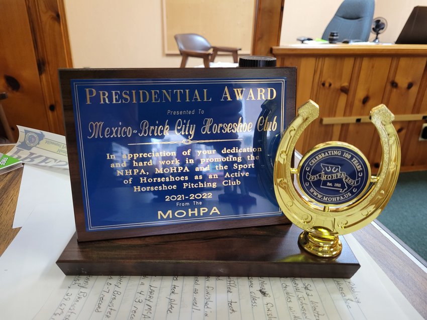 The Mexico Brick City Horseshoe Pitching Club was given the 2021-22 Presidential Award for its dedication to the sport from the Missouri Horseshoe Pitchers Association.