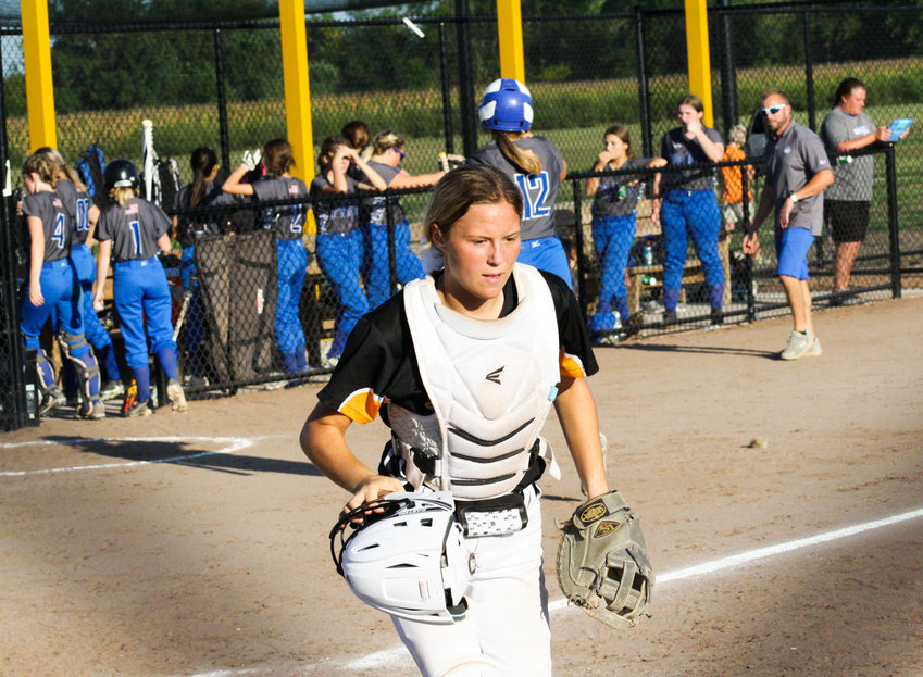 Van-Far junior catcher Carmen Wilburn runs off the field at the end of an inning in a Sept. 7 home game against Paris. Wilburn finished the week with three RBI.