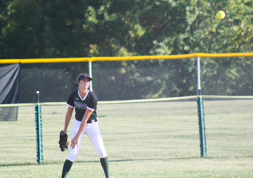 Senior center fielder Jalyn Leible makes a throw during a Sept. 20 home game against California in Auxvasse. Leible hit her team-high second home run in an 11-1 win at conference foe Mark Twain.