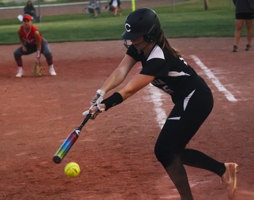 Centralia sophomore Tilly Fox slaps a ball Sept. 13 at home against Mexico. Fox finished 3-for-4 against state-ranked Hallsville in a loss at home Tuesday.