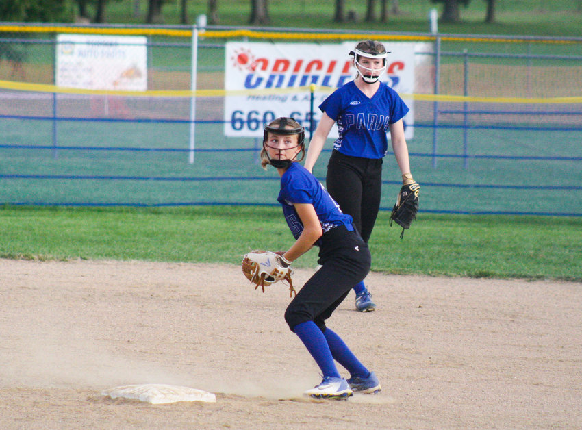Paris freshman third baseman Sophia Crusha charges up for a throw, with sophomore second baseman Kennedy Ashenfelter in the background, on Sept. 21 at home against Glasgow. Crusha was named to the all-conference and all-district teams along with Ashenfelter and Rachel Shoemeyer.