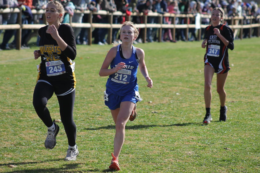 Paris freshman Mairyn Kinnaman runs down the home stretch to finish 21st on Saturday at the Class 1 meet of the MSHSAA state cross country championships at Gans Creek Cross Country Course in Columbia. Kinnaman became the school's first ever state medalist in what was the high school program's first season in history.