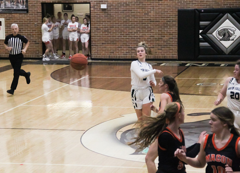 North Callaway junior Riley Blevins makes a pass from half court Friday during the Ladybirds' 40-30 win against Macon in the Centralia Invitational Tournament. Blevins led all scorers with 14 points to help clinch fifth place for North Callaway.