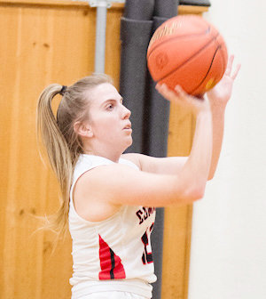 Community R-6 senior Sarah Angel takes a shot Monday against Bunceton/Prairie Home in the New Franklin Basketball Tournament. Angel scored her 1,000th point Wednesday in the tournament in a 59-28 win against Sweet Springs.