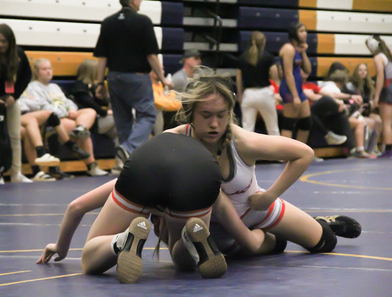 Mexico freshman Abby Bowen competes Dec. 29 at the Wonder Woman Tournament at Battle High School in Columbia. Bowen and senior Kaylynn Pehle each took first place in their respective weight classes at the team's next tournament Friday night at Capital City High School in Jefferson City.