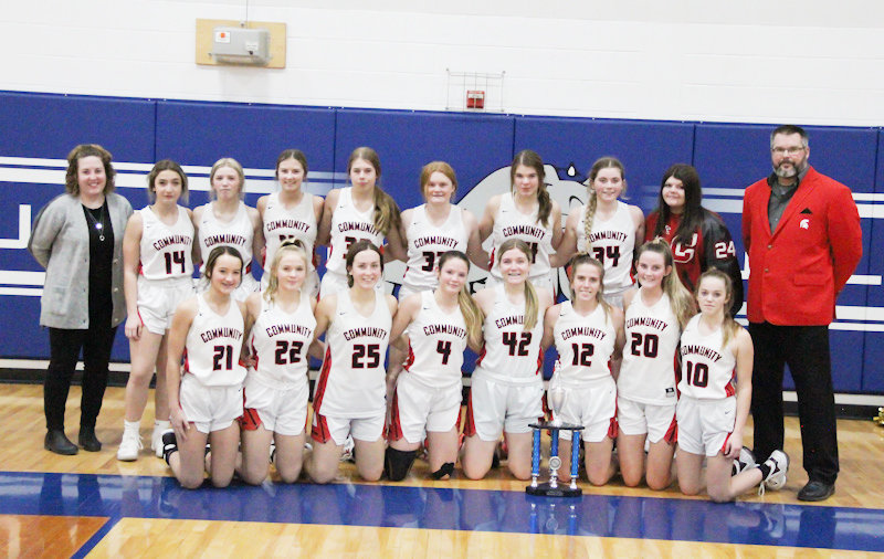 The second-place Community R-6 girls includes back from left, coach Stacie Carroz, Adrianna Woodson, Peyton Beamer, Rylee Rafferty, Kat Meyer, Amy McCurdy, Jocelyn Curtis, Aaliyah Welch, manager Paige Painter, and head coach Bob Curtis. The front row from left, includes, Peyton Schafer, Chloe Johnson, Brooklynn Glasgow, Kayla Jett, Olivia Kuda, Sarah Angel, Kylie Brooks and Alyssa Beamer.