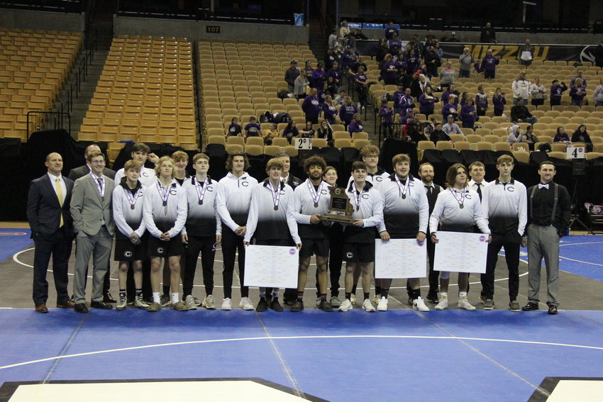 The Centralia Panthers stand together as the Class 1 state champions on Thursday at the MSHSAA boys wrestling championships at Mizzou Arena in Columbia. It is the first team state title in program history.