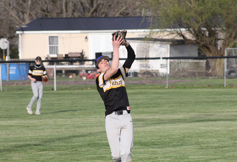 Van-Far junior Gage Gibson catches a popup in an earlier home game against Community R-6 in Farber. The Indians lost 13-1 in five innings on Monday at Marion County in Philadelphia.