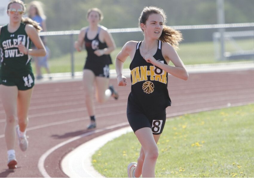 Van-Far junior Brooke-lynn Forman runs Thursday in the Wright City Invitational. Forman earned a couple of medals at the meet, finishing third on both the 1,600-meter run and the 4x800 relay.