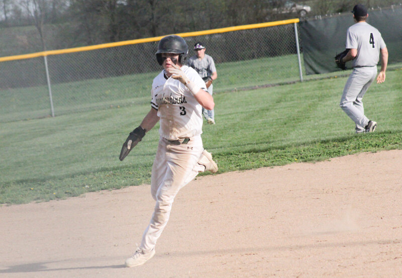 North Callaway senior Braydn O'Neal runs to third base in an earlier game against Clopton this season. O'Neal's 3-for-5 five-RBI performance stuck out in a 15-9 Saturday win against California in the Versailles/California Turf War Tournament. The Thunderbirds finished second in the event.