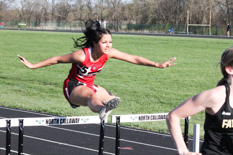 Community R-6 senior Victoria DiSalvo competes in the hurdles at an earlier meet in Kingdom City. DiSalvo earned all-conference in the 100- and 300-meter hurdles at the Central Activities Conference meet in Glasgow.