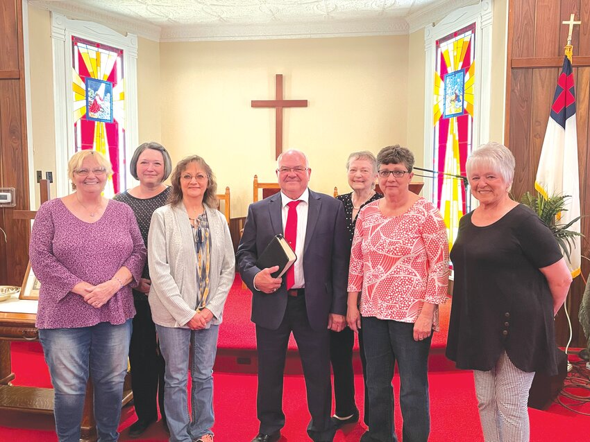Carolyn Westerman, Lynn Smith, Debbie Henage, Rev. Mike  Hibbard, Judy Hunt, Vivian Reinbold, and Mary Ellen Martin,  were some of  the participants at The World Day of Prayer Service at the Auxvasse City  Presbyterian Church.