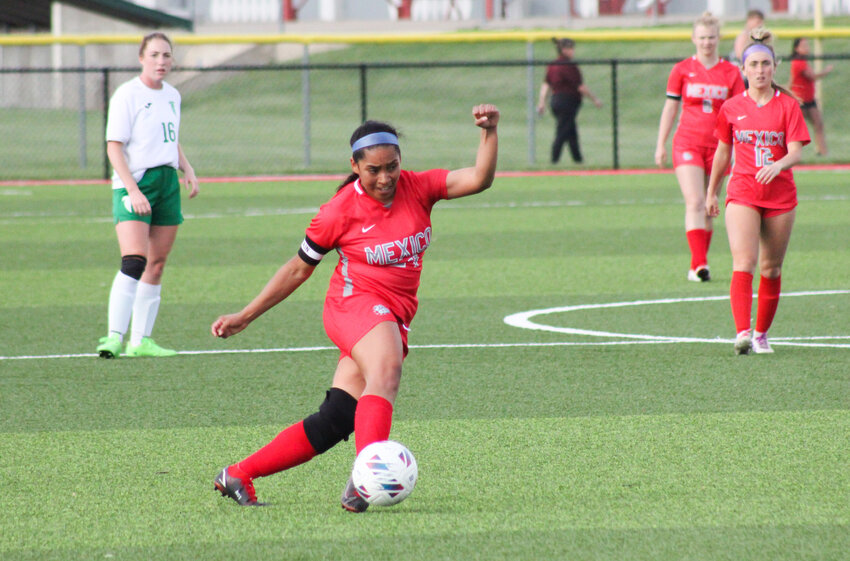 Mexico senior Estrella Lopez handles the ball on April 20 at home against Blair Oaks. Lopez was named to the academic girls soccer all-state team.