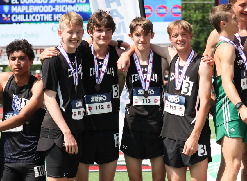 The Centralia boys all-state 4x800 team included, from left, Dryst Bostick, Rohan Holiman, JR Lesher and Landon Moss. The Panthers medaled in four events on Friday and Saturday in the Class 3 state track and field meet at Adkins Stadium in Jefferson City.