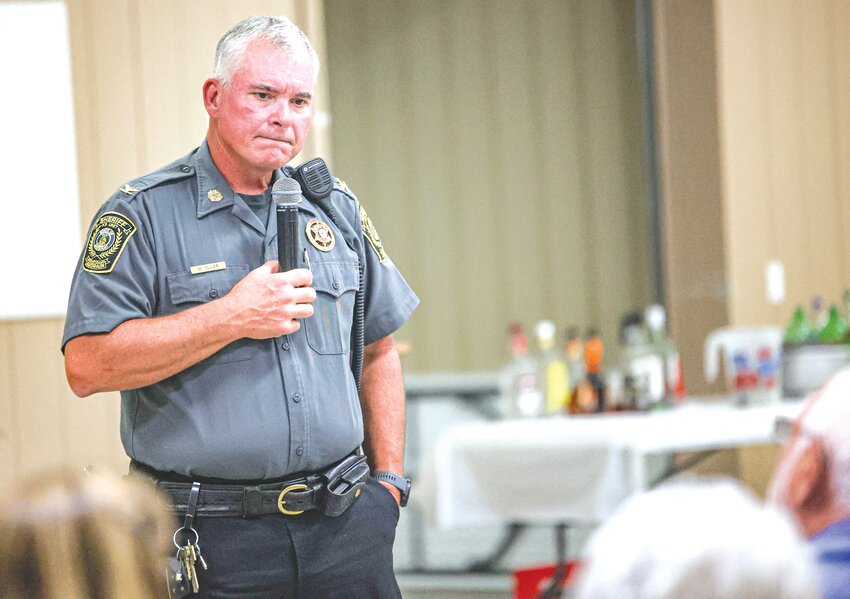 Audrain County Sheriff Mark Oller listens to a question from a member of the audience at the annual Audrain County Farm Bureau meeting on Thursday, Aug. 24.