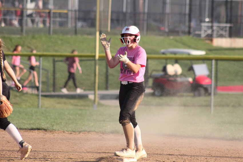 Mexico sophomore Hannah Loyd celebrates after hitting a double against Centralia on Tuesday at home.